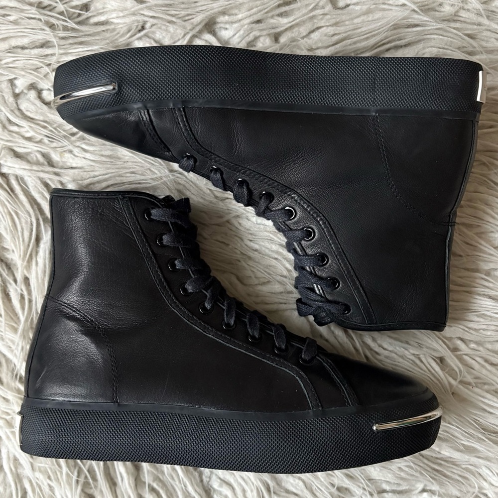 ALEXANDER WANG Pia Black Leather High Top Lace Up Chunky Sneakers EUC Size 38